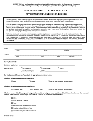 Maryland Institute College of Art Applicant/Employee Data Record
