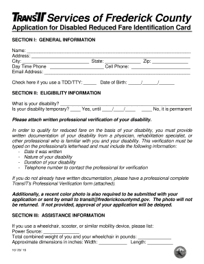 Frederick County Disabled Reduced Fare Identification Card Application