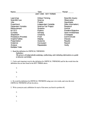 Science Key Terms Worksheet