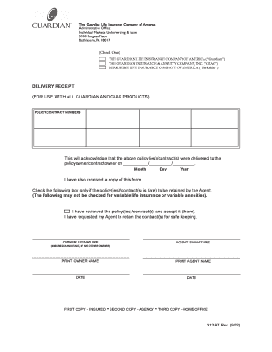 Guardian Life Insurance Delivery Receipt