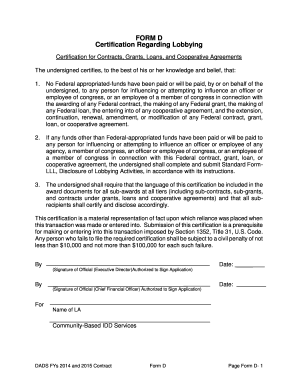 Form D Certification Regarding Lobbying