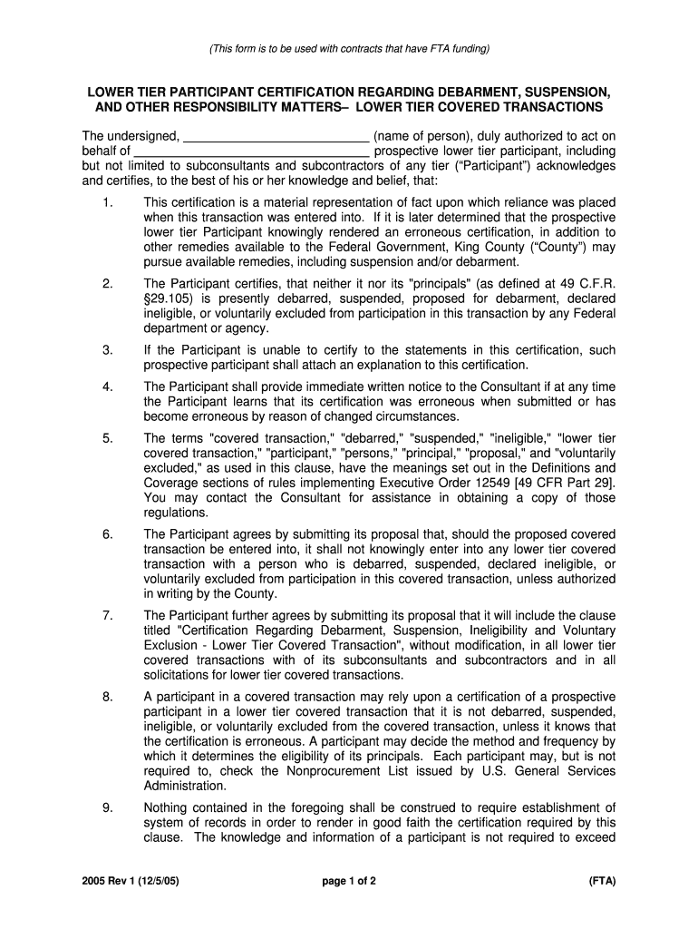 Fillable Online kingcounty Lower Tier Participant Certification