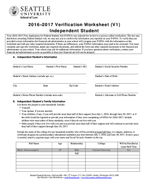 2016–2017 Verification Worksheet for Independent Students