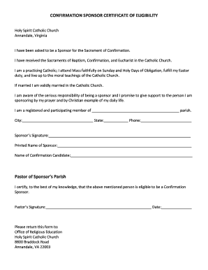 Confirmation Sponsor Certificate of Eligibility
