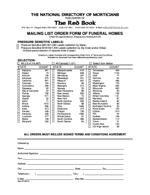 National Directory of Morticians Mailing Labels Order Form