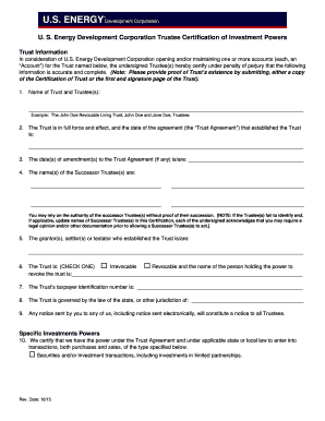 Trustee Certification of Investment Powers