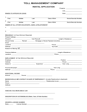 Toll Management Company Rental Application