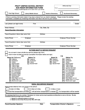 Pratt Unified School District Bus Rider Information Form