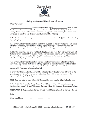 Liability Waiver and Health Certification for Dog Daycare
