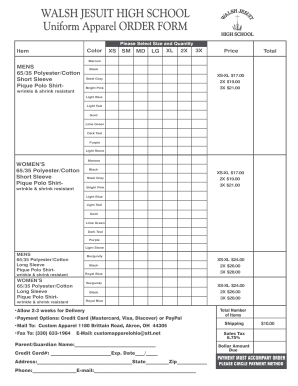 Walsh Uniform order form - Custom Apparel
