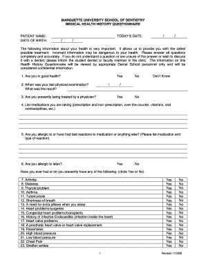 Marquette University Dental Health History Questionnaire