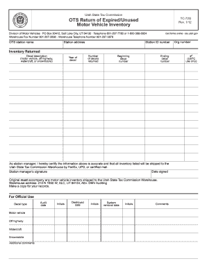 Utah TC-72G Motor Vehicle Inventory Return
