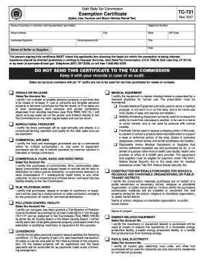 Utah Sales Tax Exemption Certificate TC-721