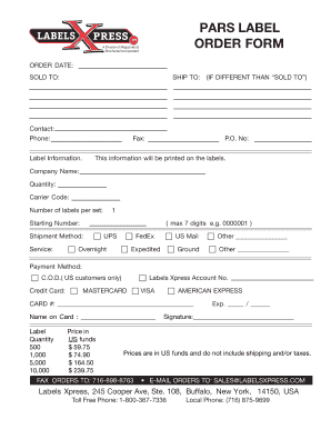 Labels Xpress Order Form