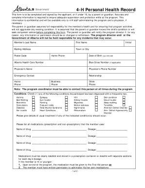4-H Personal Health Record Form