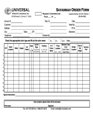 Universal Savannah Order Form