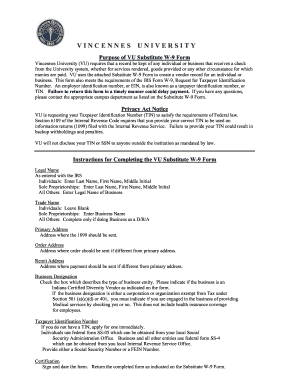 Vincennes University Substitute W-9 Form