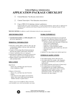 Federal Highway Administration Application Package Checklist