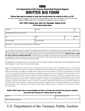 US Treasury Seized Real Property Written Bid Form