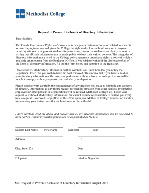 Request to Prevent Disclosure of Directory Information