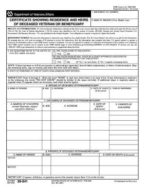 VA Form 29-541 Certificate Showing Residence and Heirs