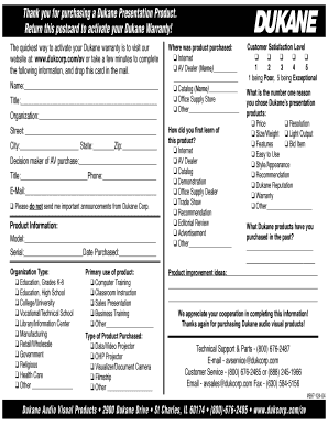Dukane Warranty Activation Postcard