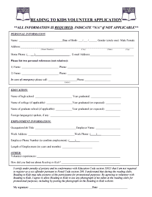 Reading to Kids Volunteer Application