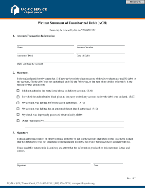Written Statement of Unauthorized Debit (ACH)