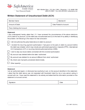 Written Statement of Unauthorized Debit (ACH)