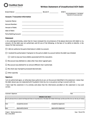 Unauthorized ACH Debit Statement