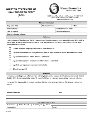 Unauthorized Debit Statement Form