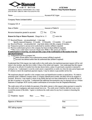 ACH Debit Return/Stop Payment Request