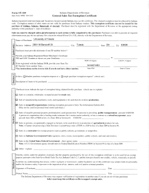 Indiana General Sales Tax Exemption Certificate