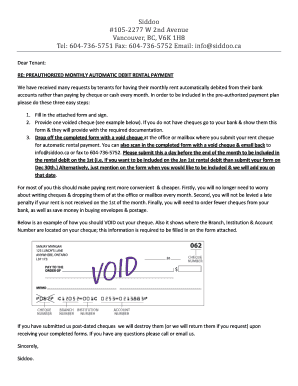 Pre-Authorized Monthly Automatic Debit Rental Payment Form
