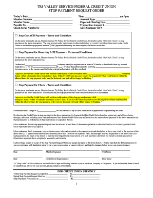 Tri-Valley Service Stop Payment Request Order