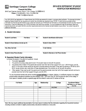 2015-2016 Dependent Student Financial Aid Verification Worksheet