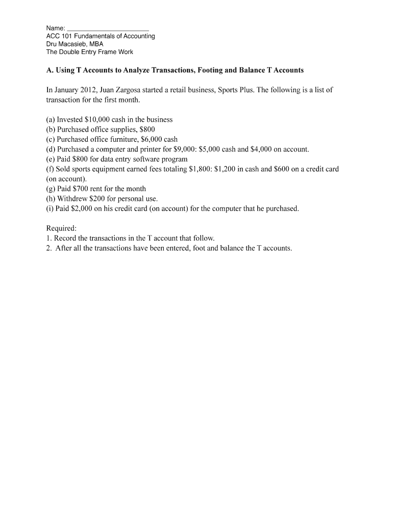 Fillable Online A Using T Accounts to Analyze Transactions Footing and