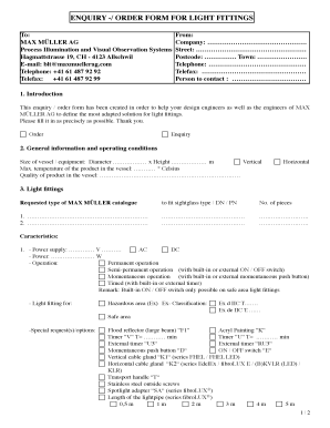 Enquiry Order Form for Light Fittings