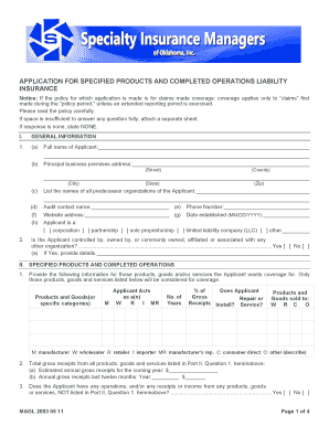 Application for Specified Products and Completed Operations Liability Insurance