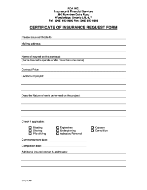 Certificate of Insurance Request Form