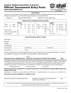 Amateur Softball Association Tournament Entry Form