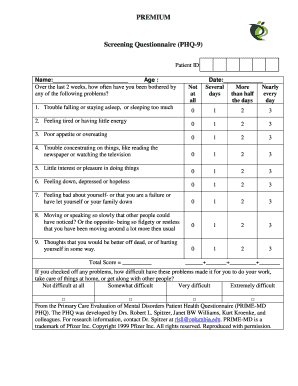 phq9 questionnaire phq depression fillable