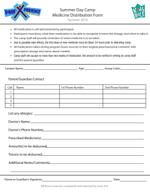 Summer Camp Medicine Distribution Form