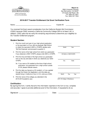 2016-2017 Transfer Entitlement Cal Grant Verification Form