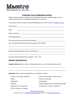 Individual Artist Website Design Estimate Form