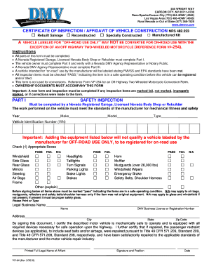 Nevada Certificate of Inspection Affidavit of Vehicle Construction