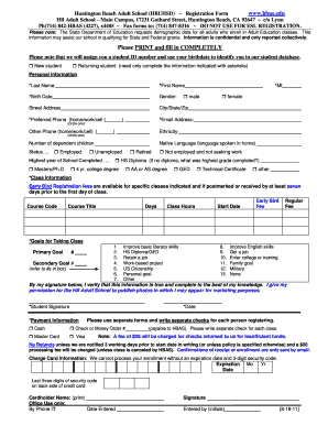 Huntington Beach Adult School Registration Form