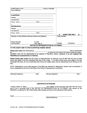Colorado Small Claims Court Notice of Representation by Attorney