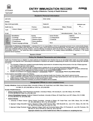 University of Ottawa Entry Immunization Record