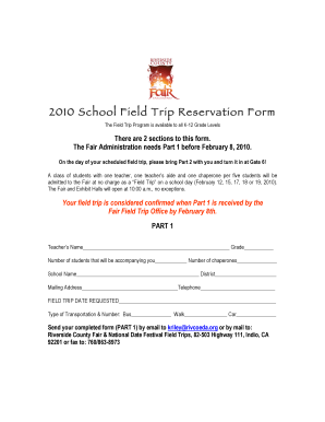 2010 School Field Trip Reservation Form